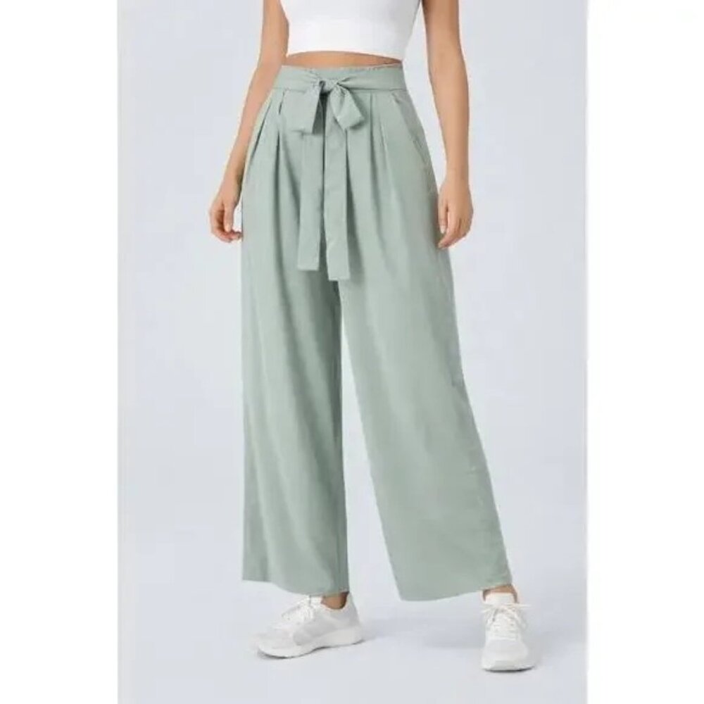Halara Women's Tie Front Wide Leg Pockets Pant Blue Green Size S NWT
